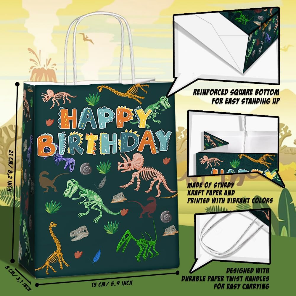24 Pcs Dinosaur Goodie Bags with Handles - T rex Dino Theme Candy Party Favor Gift Kraft Paper Bags for Kids Boys, Birthday Party Supplies, and Baby Shower Decorations.