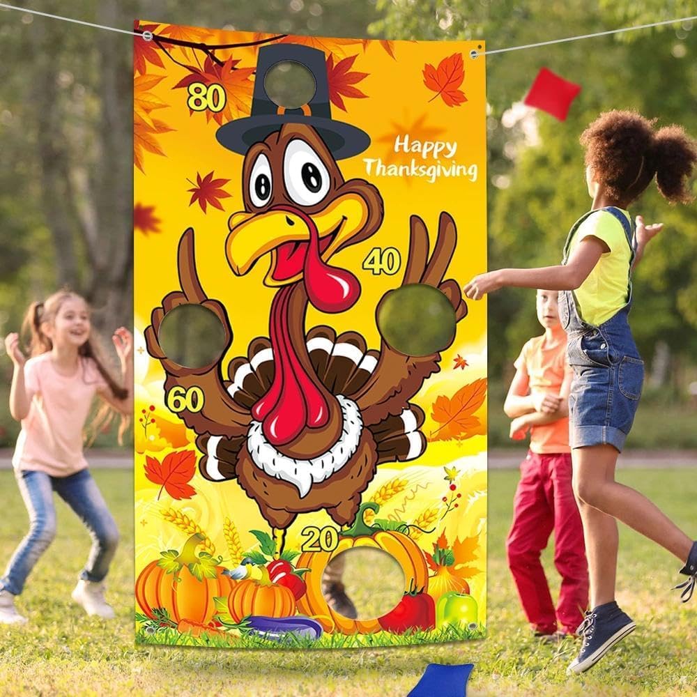 Upgraded, Fall Festival Games, Funny Turkey Toss Game, with 4 Bean Bags, Classic Design, Premium Banner, Accessories, Storage Bag, Thanksgiving Games for Kids Teen, Friendsgiving Party Decorations