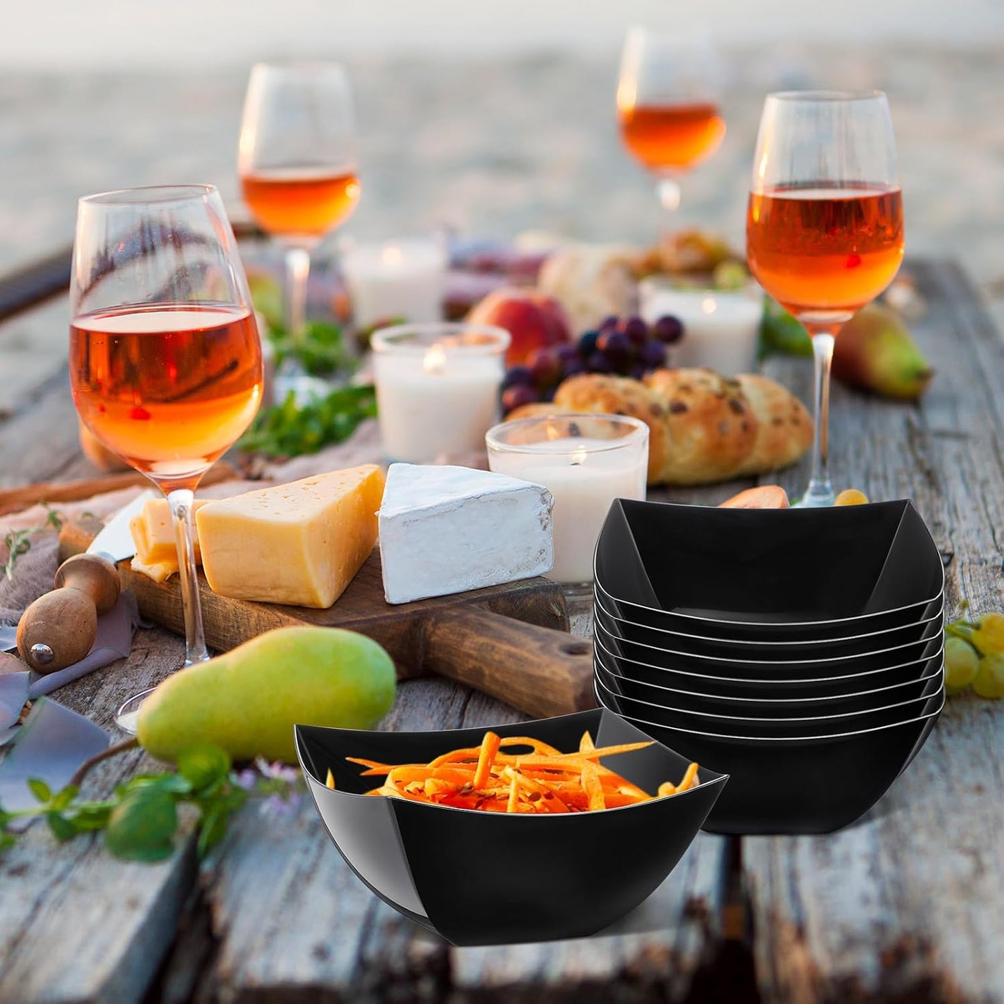 Tanlade 50 Pcs Square Plastic Serving Bowls Disposable Snack Salad Bowl Small Party Candy Bar Containers Taco Bar Serving Dishes for Buffet Chips Fruit(Black,8 oz)