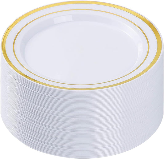 BESTVIP 50PCS Gold Plastic Plates, 10.25 Inch Disposable Dinner Plate Party with Gold Rim, Heavy Duty Disposable Plastic Plates for Christmas, Thanksgiving, Party, Wedding and Birthday