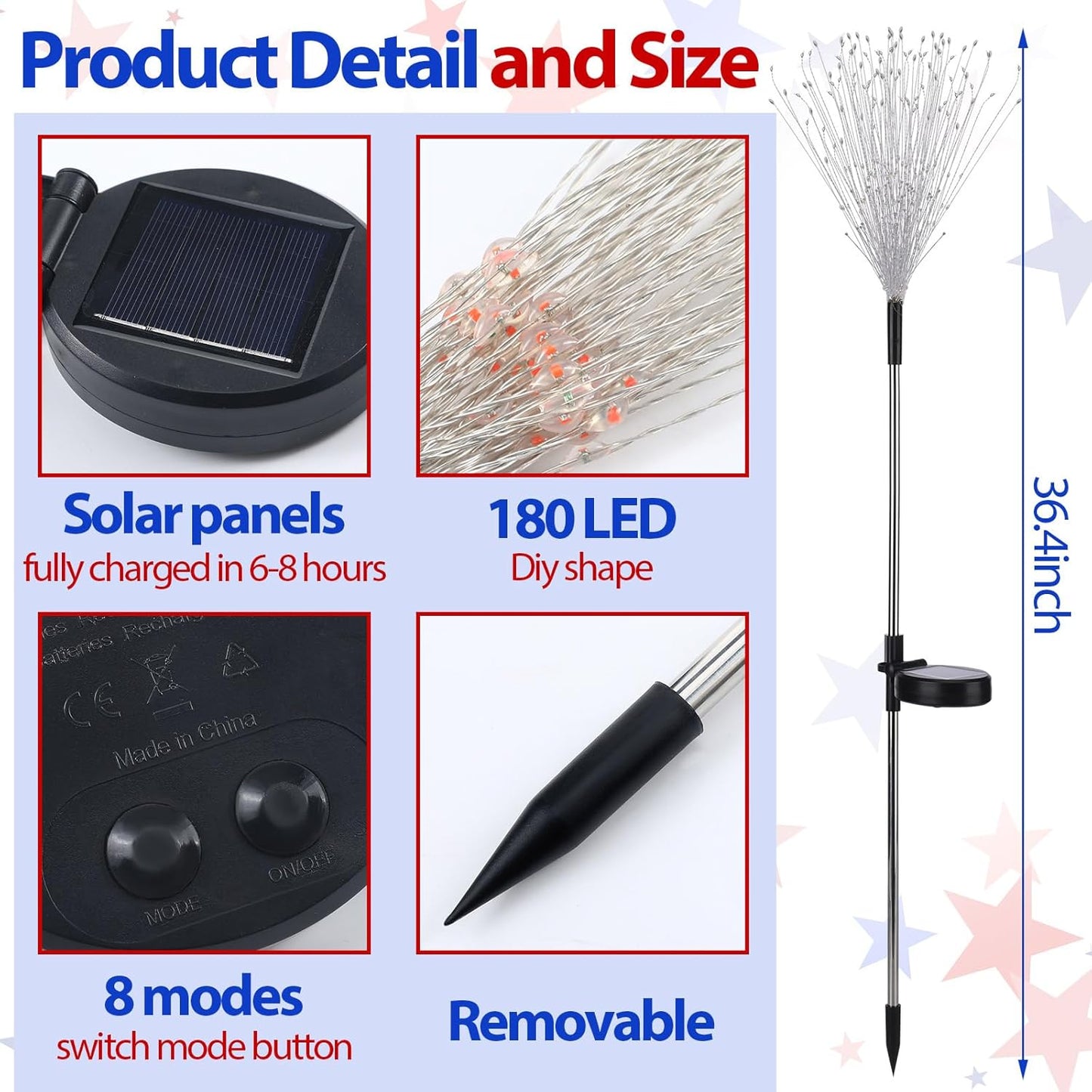 4 Pack Christmas Solar Firework Lights Decorations Garden Pathway Solar Power Light Stake Waterproof Landscape Lamp with 180 LED 8 Modes for Christmas Party Decoration(Red, White, Blue)
