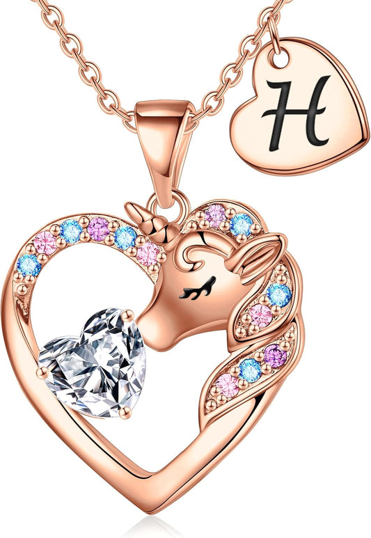 Christmas Gifts for Grandkids Kids - Colorful CZ Heart Initial Unicorn Necklace for Girls Jewelry Unicorn Birthday Gifts for Girls Stocking Stuffers for Kids