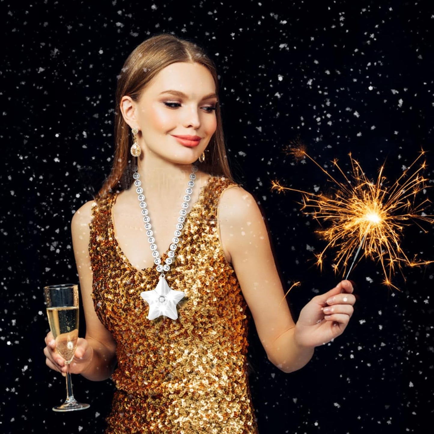 6 Pack Glow White Necklace Beaded Necklaces with Light Up Star for Halloween Christmas Decorations Mardi Gras Party Favors