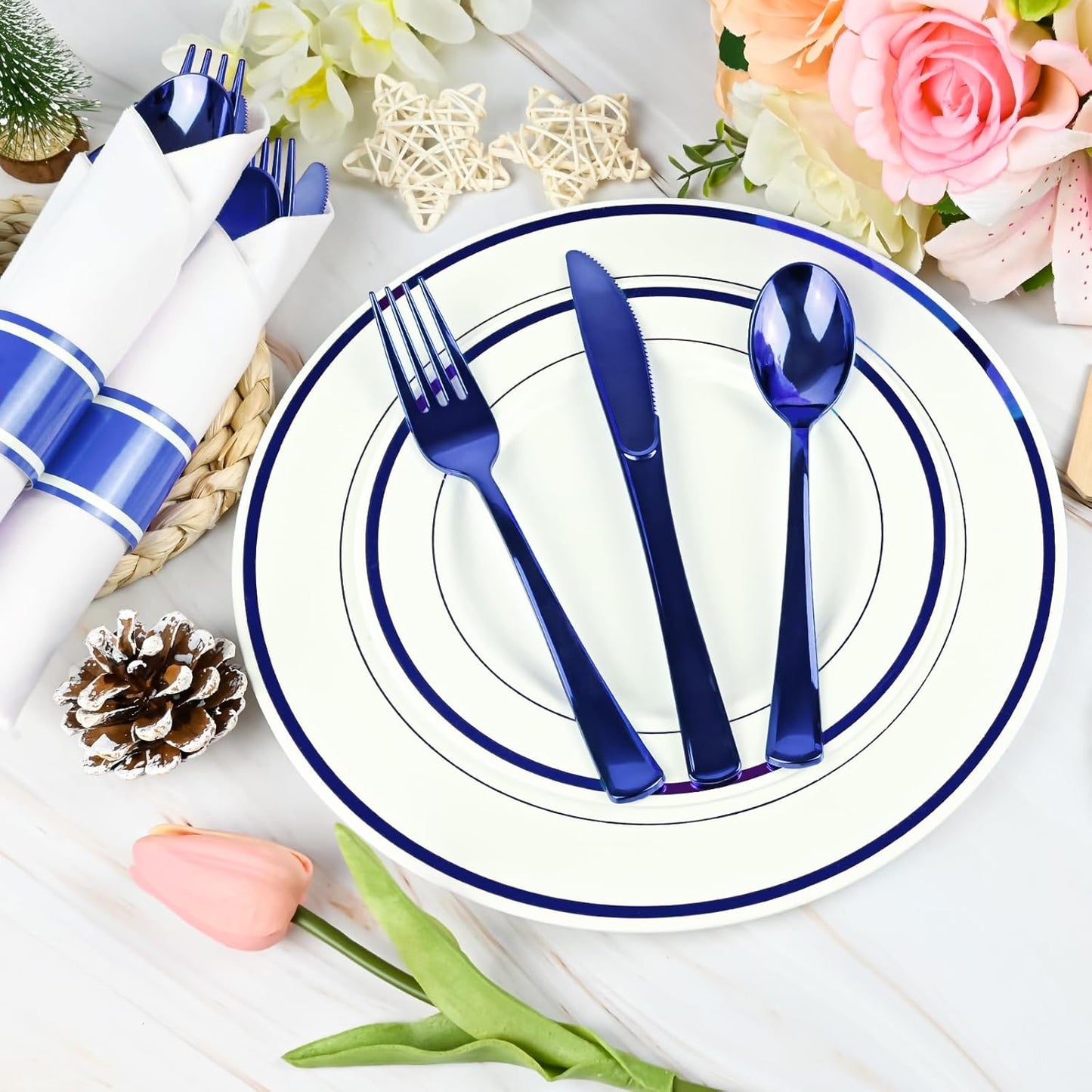 60Pack Blue Pre Rolled Plastic Silverware - Wrapped Blue Disposable Cutlery with Napkins, Heavy Duty Rolled Plastic Silverware Set, Disposable Utensils with Dinner Napkins for Party