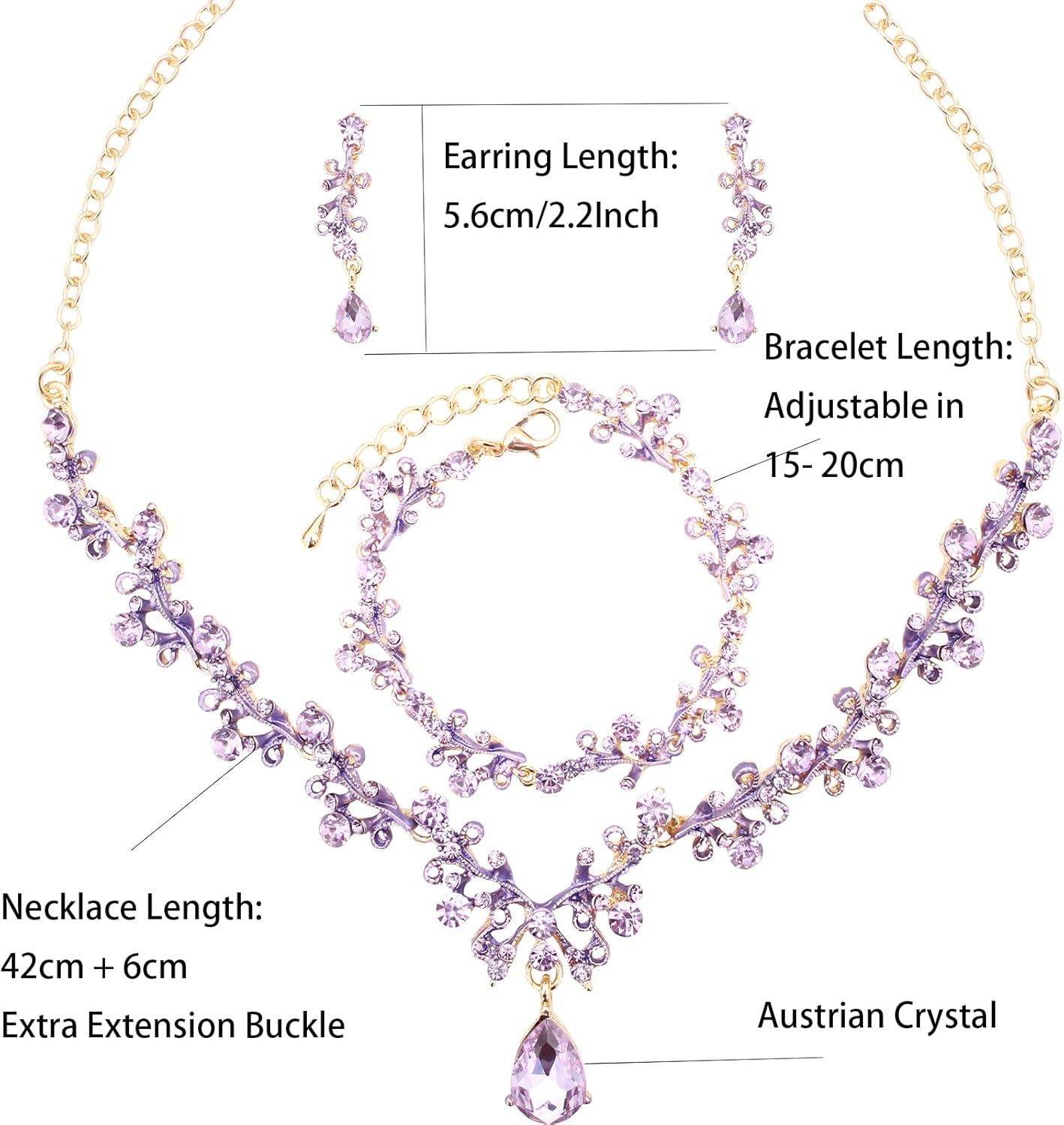 3Pcs Austrian Crystal Jewelry Set for Women, Necklace Dangle Earrings Link Bracelet Jewelry Set with Gold/Platinum/Gun Plated, Wedding Party Jewelry for Bridal Bridesmaid