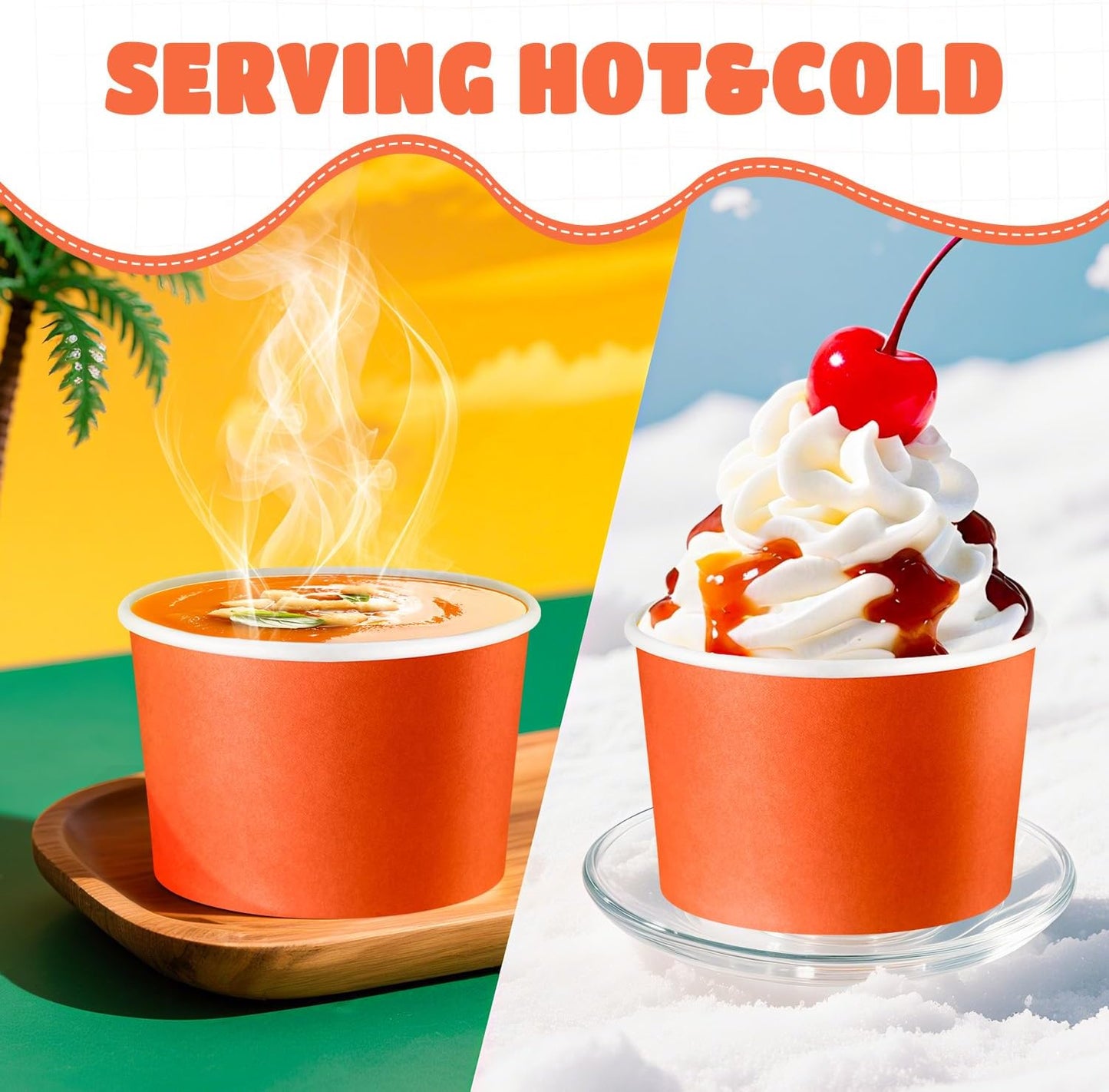 Paper Ice Cream Cups 9oz Colored Disposable Dessert Bowls for Hot or Cold Food Party Cups for Birthday Baby Shower Easter Party Supplies(Orange,60 Pcs)