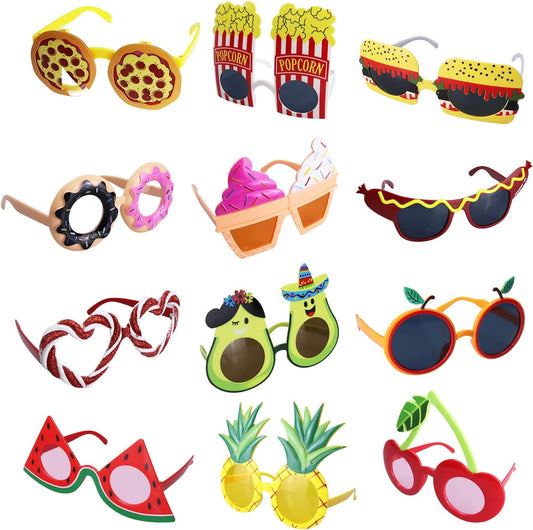 Funny Luau Donut Sunglasses - 12 Pack Novelty Tropical Fancy Glasses, Photo Booth Props for Summer Themed Party Supplies, Pizza Ice Cream Fruit Fun Masks