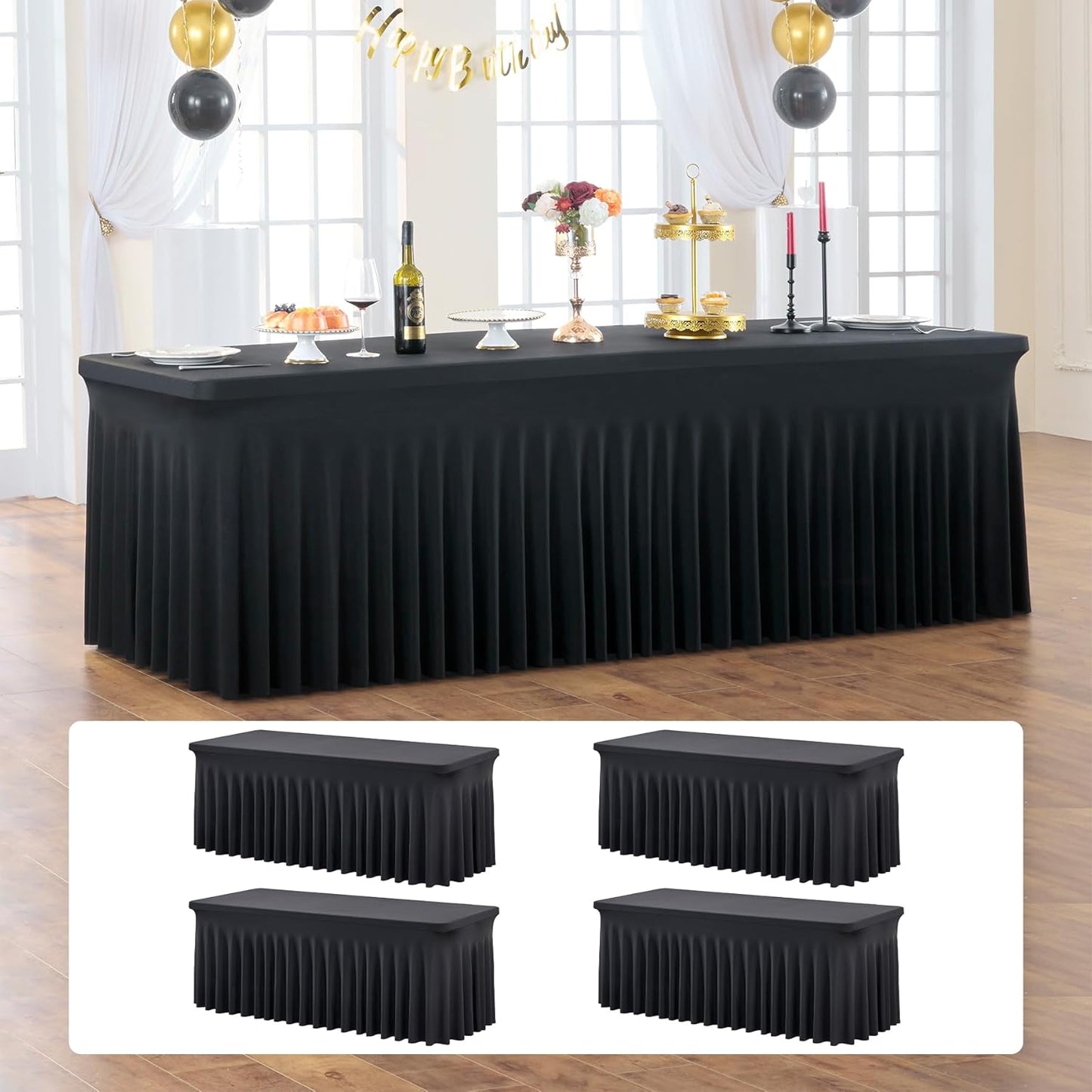 4 Pack Black Fitted Spandex Table Cloth Rectangle 8ft, Wrinkle Free High-Stretch Skirted Tablecloths for 8 Foot Rectangle Tables, Decor Parties Weddings Birthday Banquet Spandex Table Cloths Cover