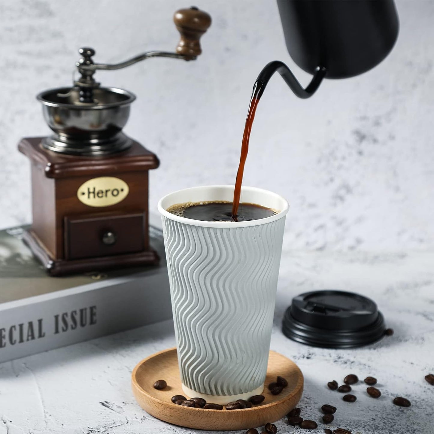 MUCHII 16 oz Disposable Coffee Cups, 80 Count Silver Grey Insulated Ripple To Go Cups With Lids and Straws for Tea, Hot Chocolate, and Drinks