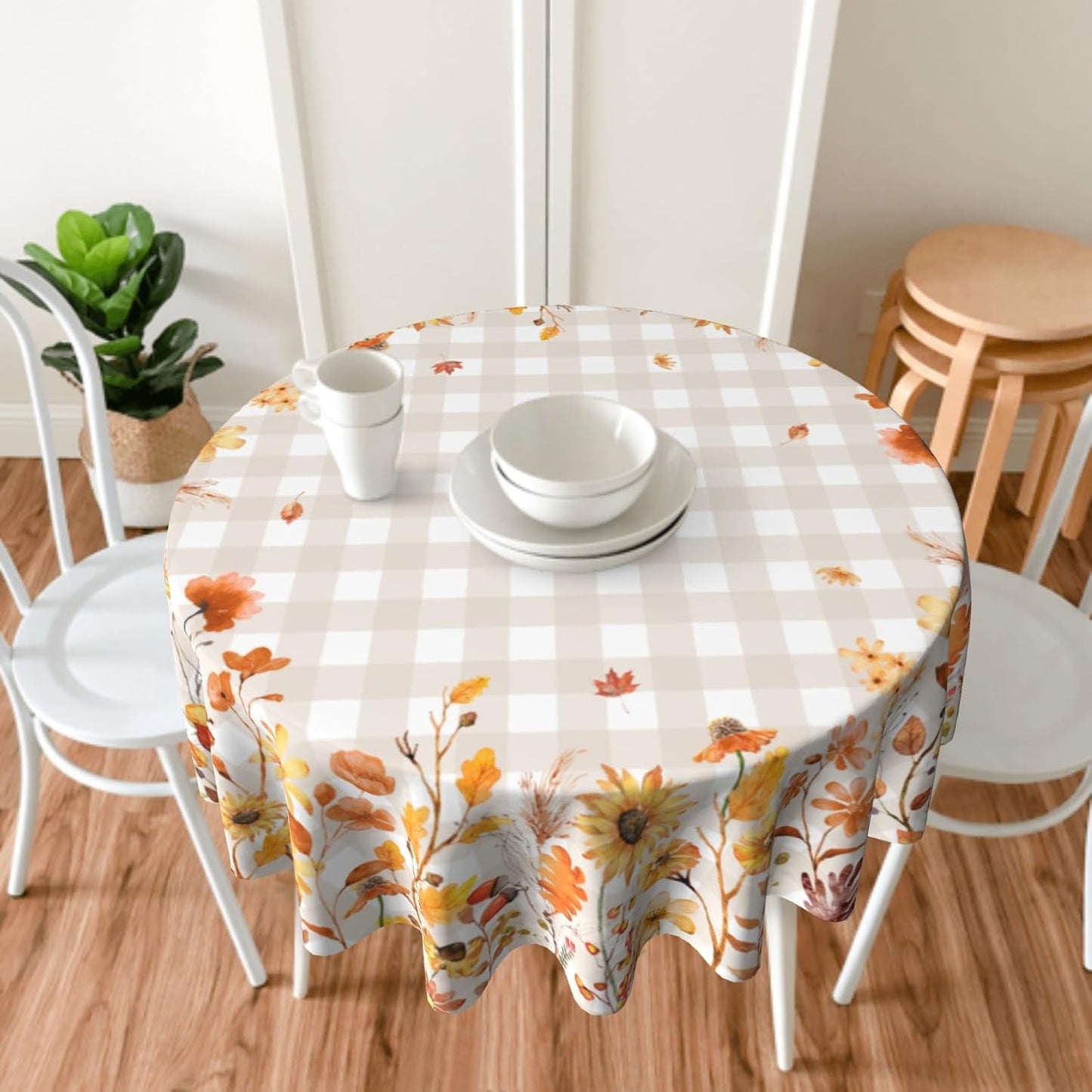 Autumn Floral Tablecloth 60Inch Round Watercolor Fall Flowers Table Cloth with Khaki Buffalo Plaids Orange Wildflower Leaves Table Cover Polyester Washable for Kitchen Dining Picnic Tabletop Decor