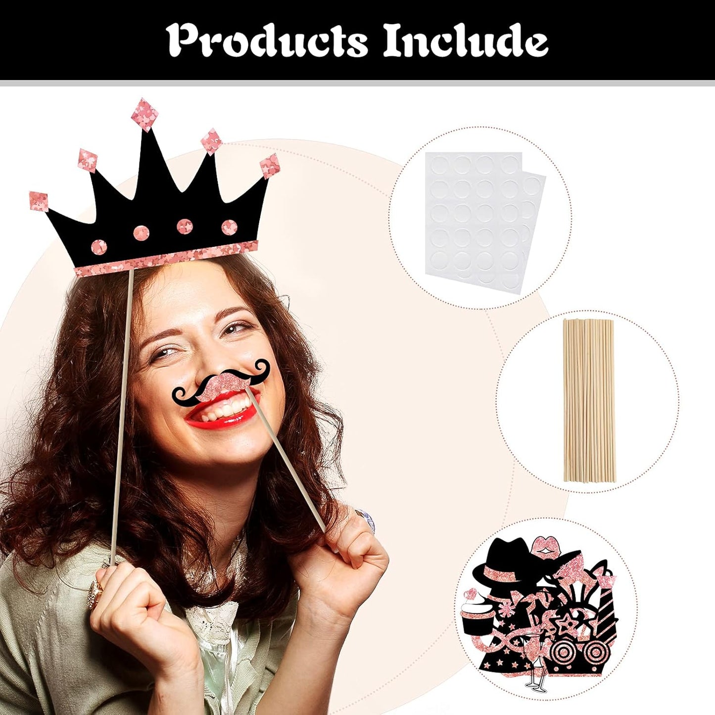 Zonon 24 Pieces Funny Photo Booth Props:Halloween,Christmas,Family Reunion, Class Reunion, Birthday, Weddings, Prom Disco Mardi Gras Party Supplies - Mix of Hats, Lipstick, Tie(Rose Golden)