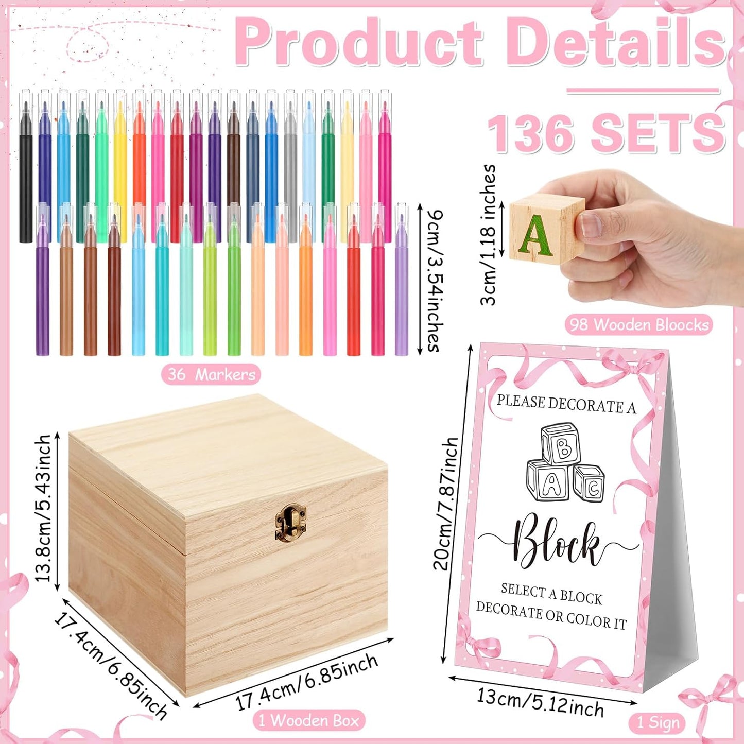 Marsui 136 Pcs Baby Shower Blocks to Decorate Game Kit Includes 98 Wooden Blocks, 36 Markers, 1 Game Sign, 1 Storage Box for Baby Shower Gender Reveal Activity Party Decorations (Pink Bow)