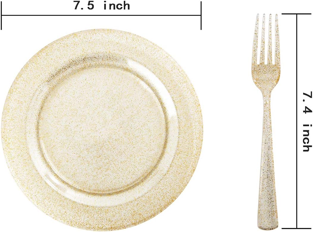 I00000 72 Pieces Plastic Dessert Plates 7.5" & 72 Pieces Gold Disposable Forks 7.4" with Gold Glitter, Gold Disposable Plates, Plastic Salad Plates for Thanksgiving