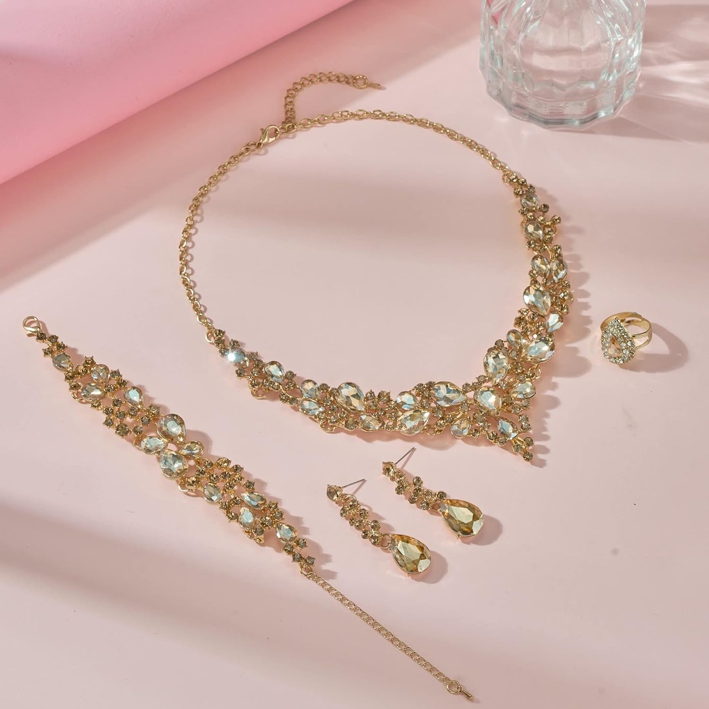 Crystal Bridal Wedding Jewelry Sets for Women Rhinestone Teardrop Crystal Statement Choker Necklace Drop Earrings Link Bracelets Rings Teardrop Jewelry Set for Brides Bridesmaids