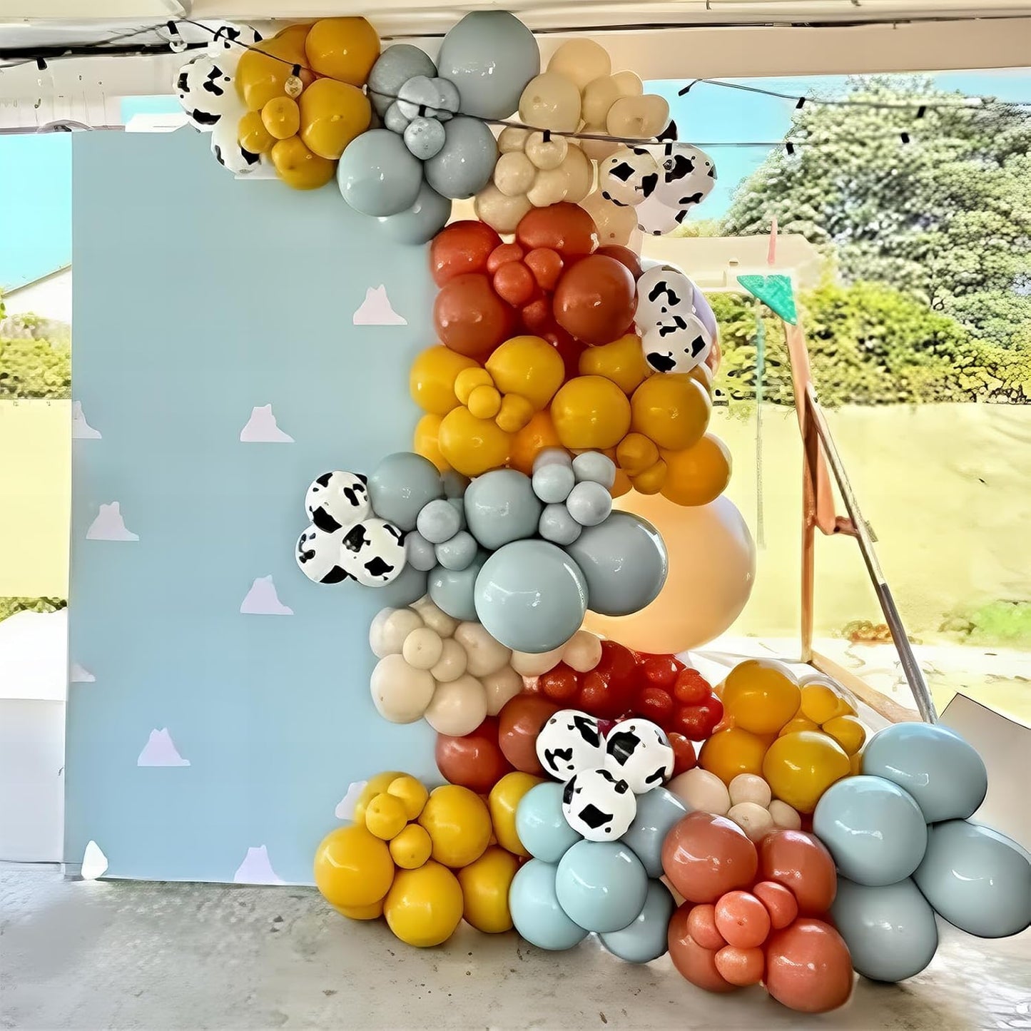 Toy Kids Balloons Arch Kit, Burnt Orange Blue Mustard Yellow Balloon Garland as It's A Story Boy Baby Shower Decorations, Cow Cloud Print Balloons Nude Balloon for First Birthday Party Supplies