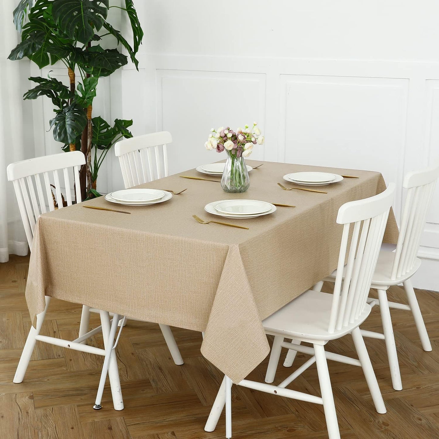 Romanstile 100% Waterproof PVC Tablecloth, Rectangle Oil Spill Proof Stain Resistant Vinyl Table Cloth, Wipe Clean Plastic Table Covers for Kitchen/Dining/Parties - 60 x 84 Inch, Khaki