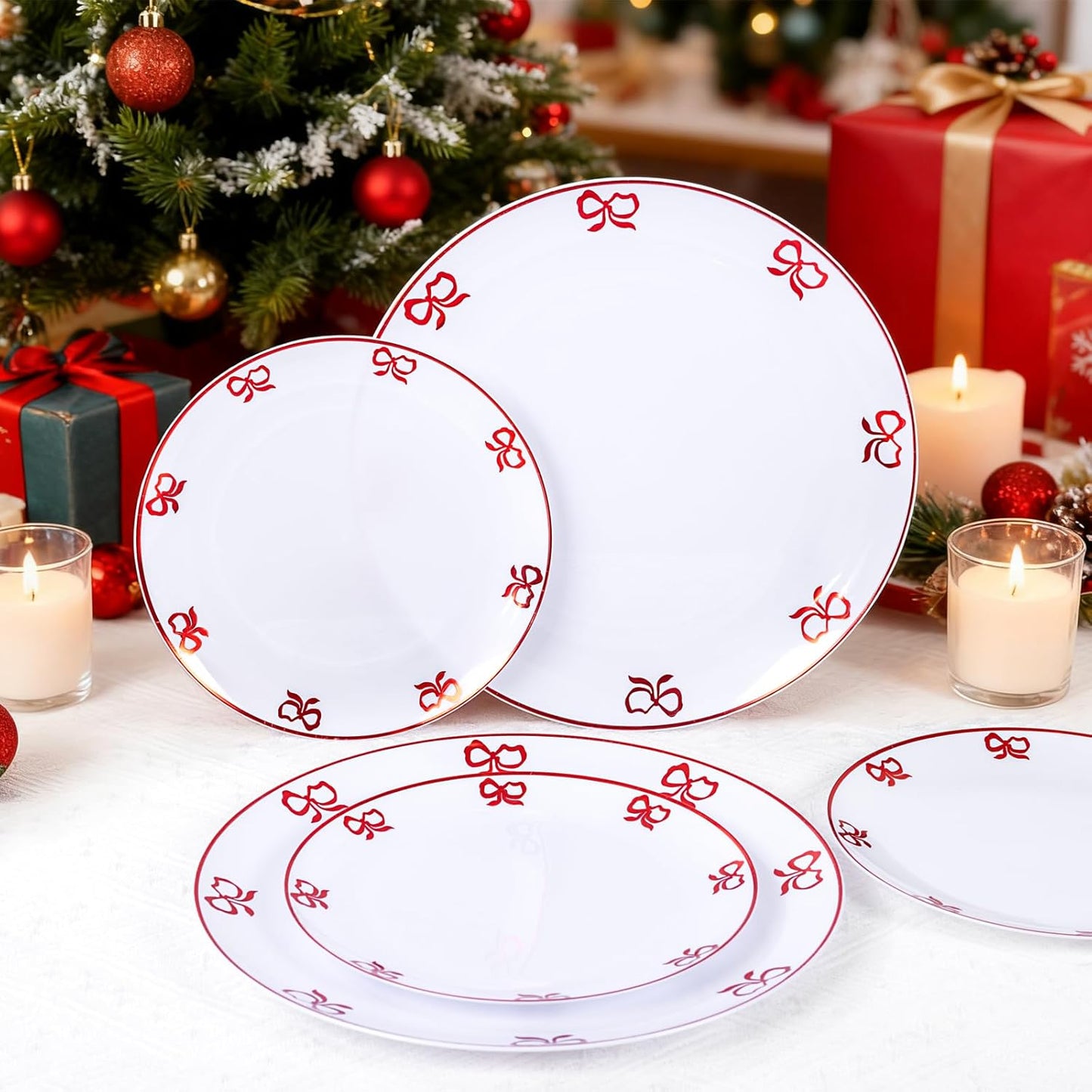 125PCS Red Bow Plastic Plates - White and Red Rim Disposable Plates - 50 Elegant Plates with Bowknot Patterns, 25 Forks, 25 Spoons, 25 Knives for Birthday & Christmas Party