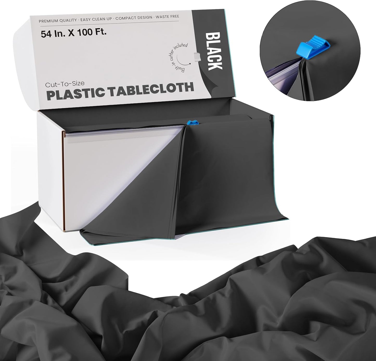 Party Solids 54 Inch X 100 Feet Black Plastic Table Cover Roll in A Cut - to - Size Box with Convenient Slide Cutter. Cuts Up to 12 Rectangle 8 Feet Plastic Disposable Tablecloths