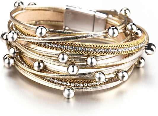 Fesciory Leather Wrap Bracelets for Women, Boho Leopard Multi-Layer Crystal Beads Cuff Bracelet Jewelry