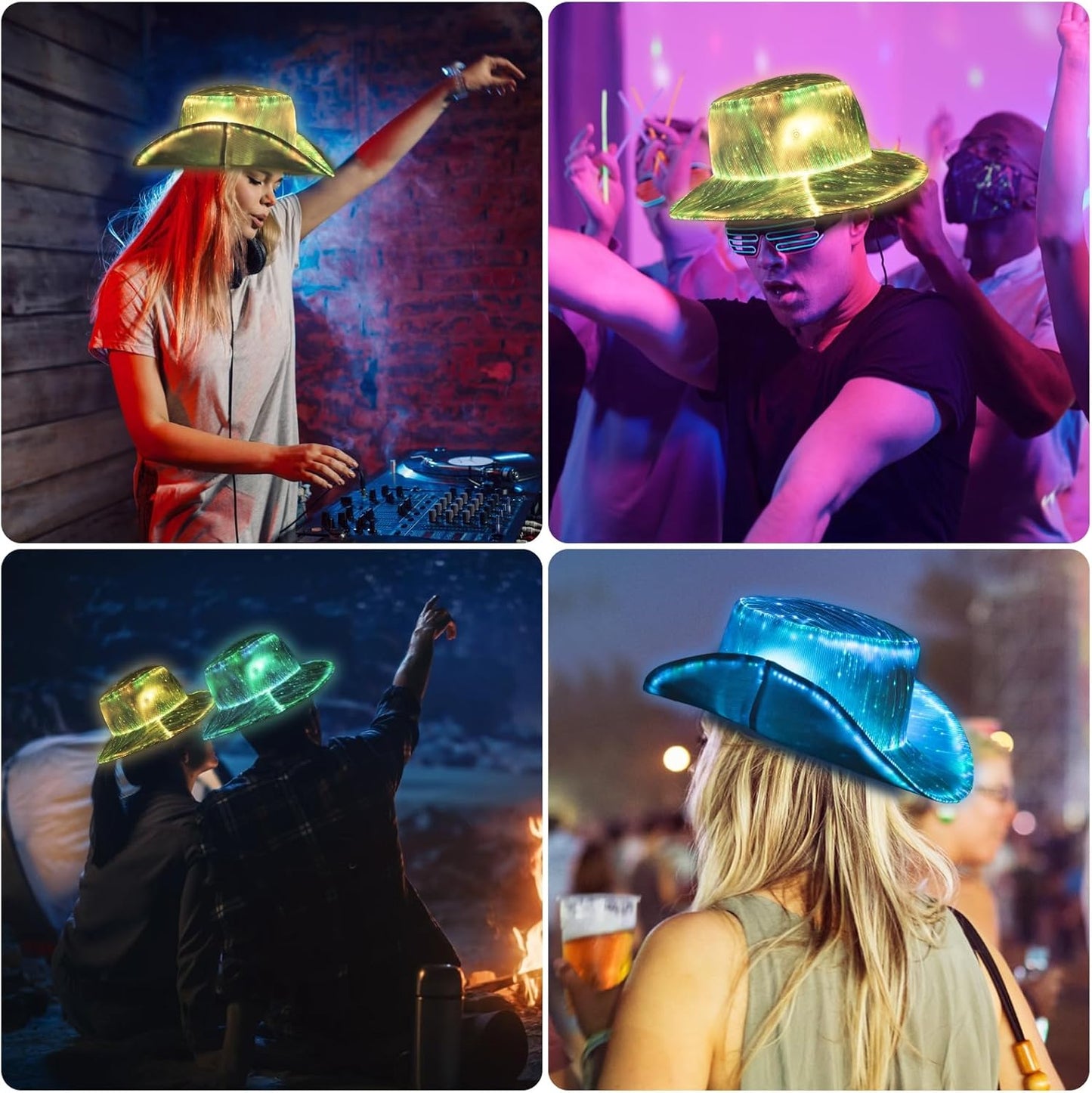 LED Bucket Hat, 7 Colors Rave LED Hats for Men Women Rechargeable Light up LED Cowboy Hat Wide Brim Neon Outfit for Party (White)