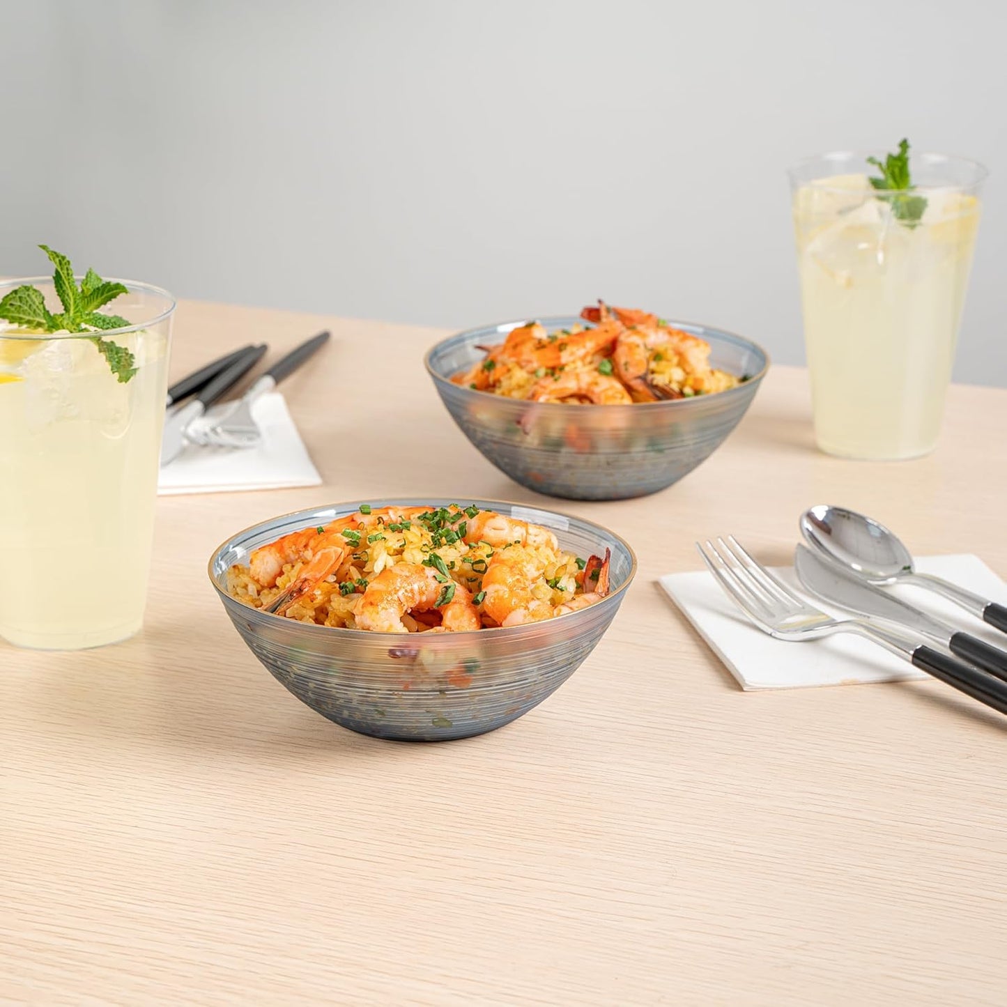 Restaurantware Plastic Bowls 100 Pcs 16 oz Gold Rimmed Disposable Soup Bowls Heavy-Duty Blue Translucent Rippled Dinnerware Containers for Party, Desserts, Salads, Snacks, and Catering