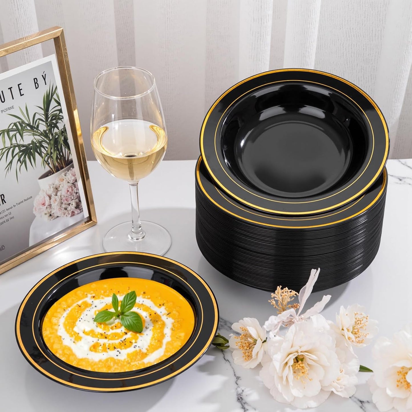 bUCLA 60 Pack Black Plastic Bowls with Gold Rim - 12 oz Plastic Soup Bowls Disposable for Wedding, Party, Gathering & New Year