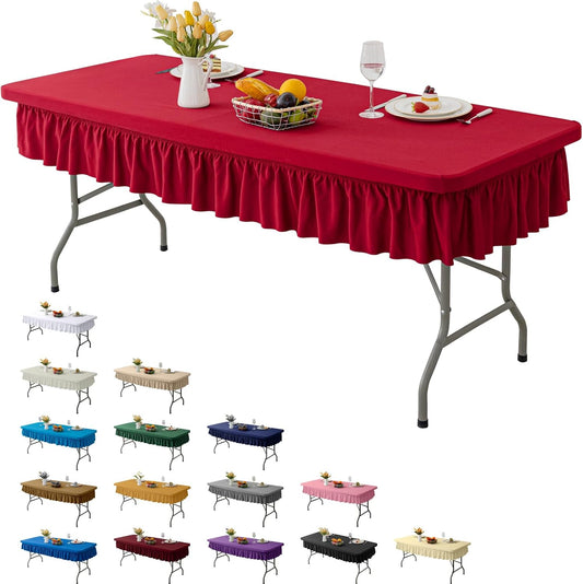 8ft Red Stretch Tablecloth for Rectangular Tables - Flared Wrap Design, Waterproof, Wrinkle-Resistant, Washable - Ideal for Weddings, Parties, Banquets & Table Protection