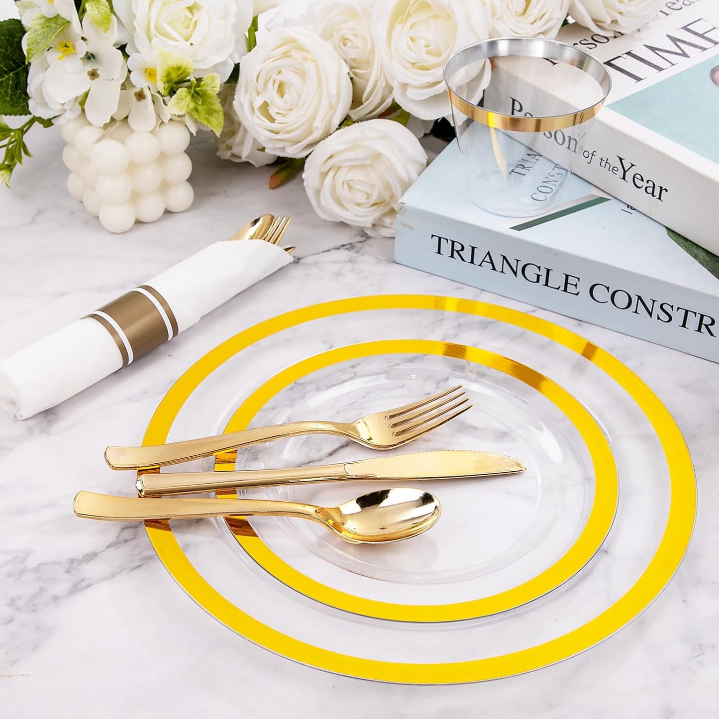 I00000 350 Pcs Clear and Gold Plastic Plates, Gold Disposable Plates, Include 50 Dinner Plates 10.25'', 50 Dessert Plates 7.5'', 50 Cups 9 OZ, 50 Pre Rolled Napkins with Cutlery