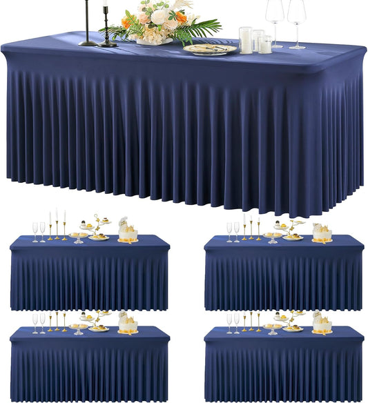 4 Pack Navy Blue Spandex Table Clothes for 6 Foot Rectangle Tables, Wrinkle Free Fitted Table Cloth 6ft Stretch Tablecloths with Skirt Cover for Parties Weddings Birthday Banquet Baby Shower