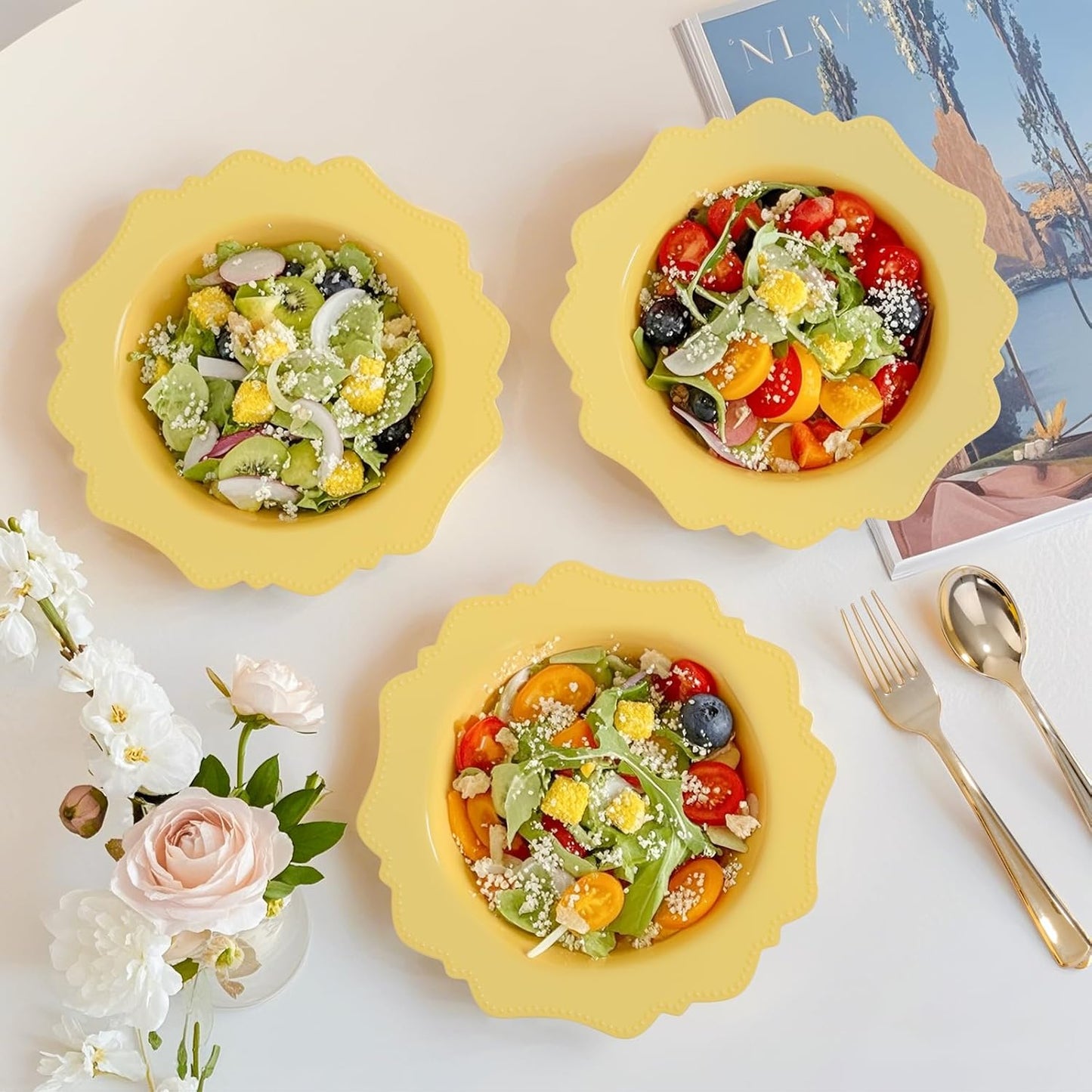 COLOSUS Yellow Plastic Party Bowls (60 Pack) 12 Oz Disposable Soup/Salad Bowl, Fancy Shatterproof Dinnerware for Easter, Catering, Holidays, Weddings, and Everyday Use