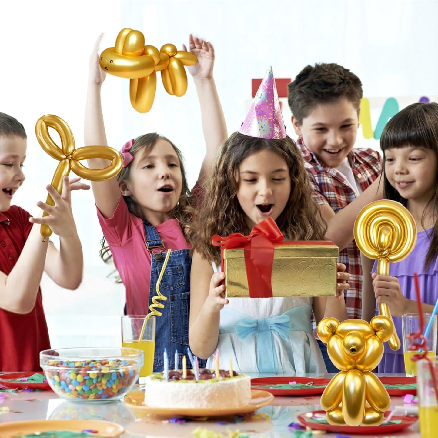 KAWKALSH 260 Metallic Gold Long Balloons for Balloon Garland Thickening Skinny Latex Twisting Animals Modeling Christmas Birthday Wedding Party Festival Decorations 100pcs