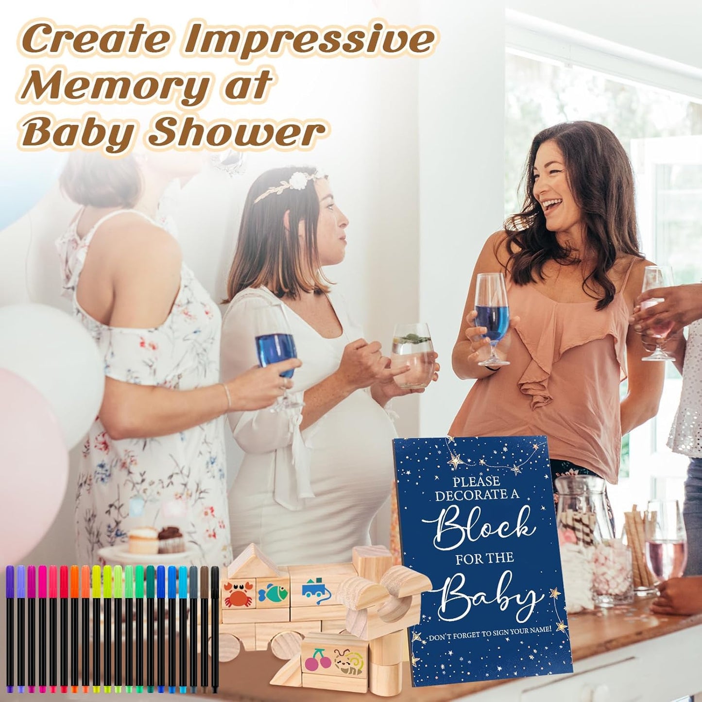 141 Pcs Baby Shower Game Sign Set Includes Decorative Square Signs 100 DIY Blank Wooden Blocks 20 Paint Markers(Star)