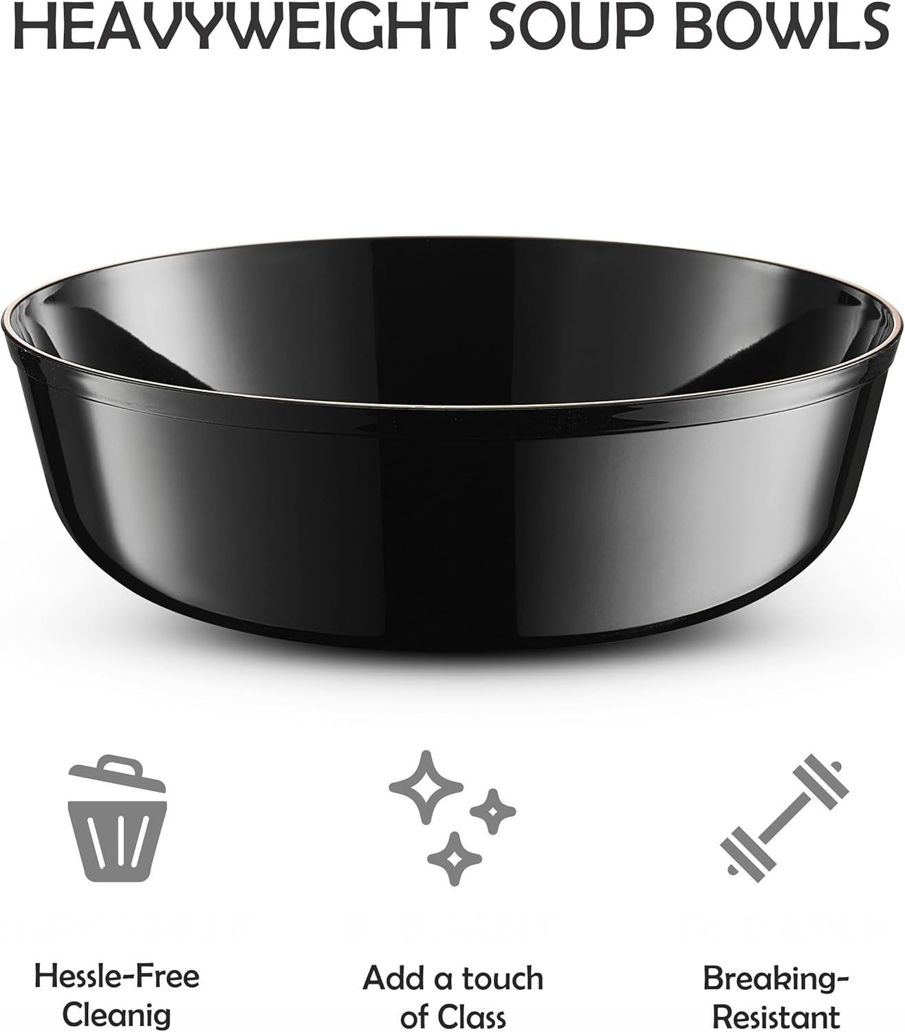 BloominGoods Disposable Plastic Soup Bowls, 50-Pack 14 Oz. Heavyweight Black With Gold Rim Bowls For Party, Wedding Or Event