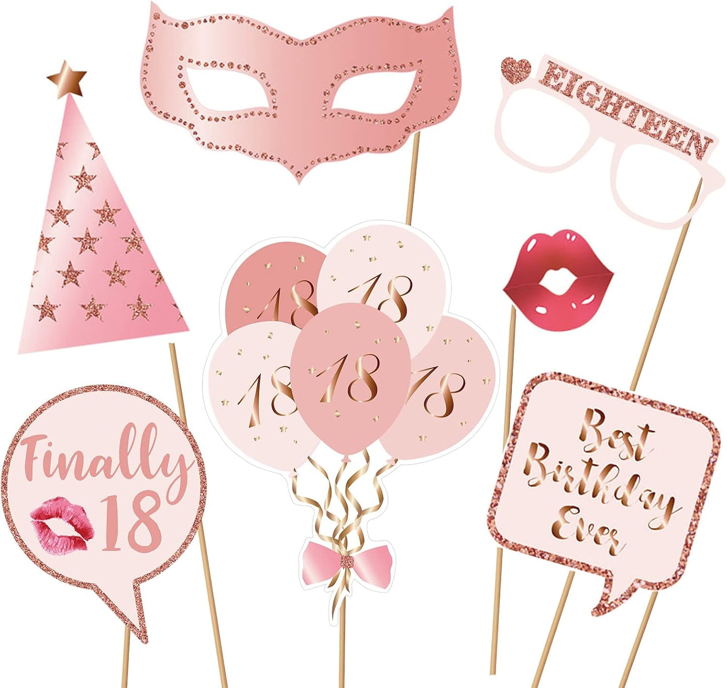 18th Birthday Party Photo Booth Props and Signs, Rose Gold 18 Birthday Party Selfie Props Kit with Sticks for Girls Women, Eighteen 18th Happy Birthday Party Decorations Supplies Favors