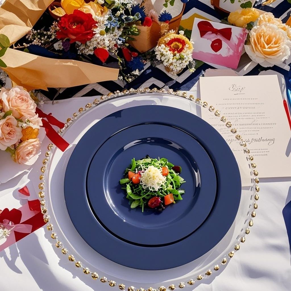 FLOWERCAT 60PCS Blue Plastic Plates - Heavy Duty Blue Plates Disposable (10.25" & 7.5") - serve for 30guest Birthday Party/Wedding/Presidents' Day/Memorial Day/Hanukkah