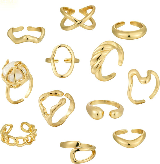 FAXHION 12PCS Gold Stackable Rings Set for Women, 18K Gold Plated Open Stacking Knuckle Ring, Adjustable Chunky Signet Band Statement Ring for Gift