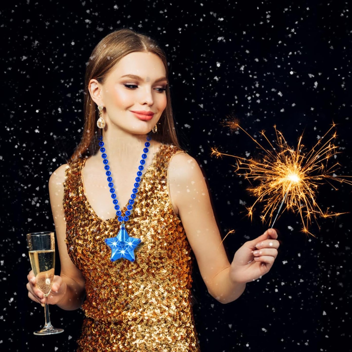 6 Pack Glow Blue Necklace Beaded Necklaces with Light Up Star for Christmas July 4th Decorations Mardi Gras Party Favors