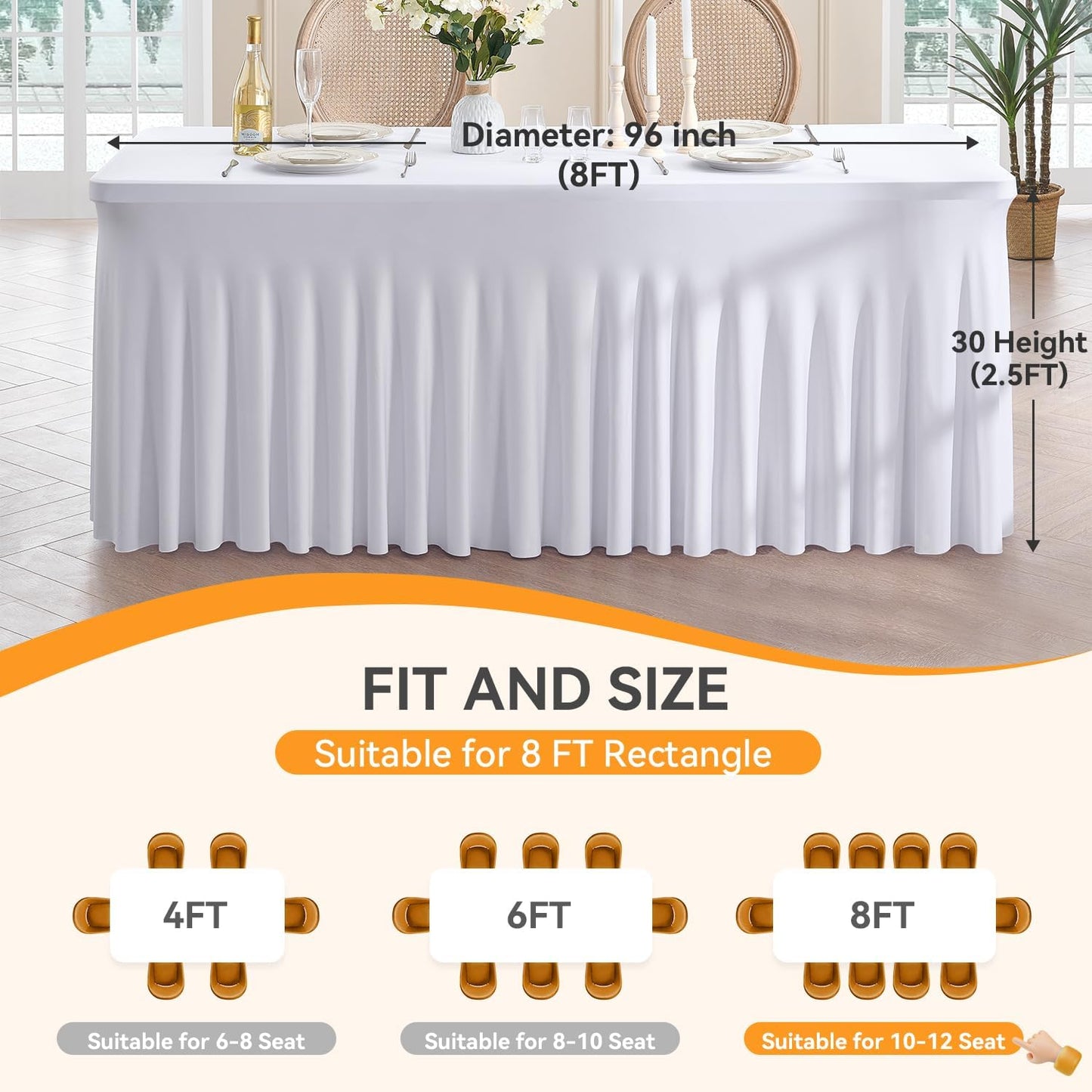 Outpain White Spandex Table Clothes for 8 Foot Rectangle Tables-3Pack 8FT Spandex Fitted Table Cover, Wrinkle Free Tablecloths with Skirt for Parties, Wedding, Birthday, Banquet, Festival