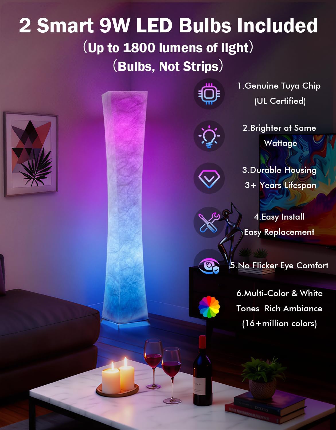 LEONC RGB+CCT Floor Lamp with Remote, 1800lm LED Tuya Smart 9W×2 Bulbs, 65" Smart Modern Floor Lamp with Alexa, Music Sync and 16 Million Colors, Color Changing Standing Lamp for Bedroom Living Room