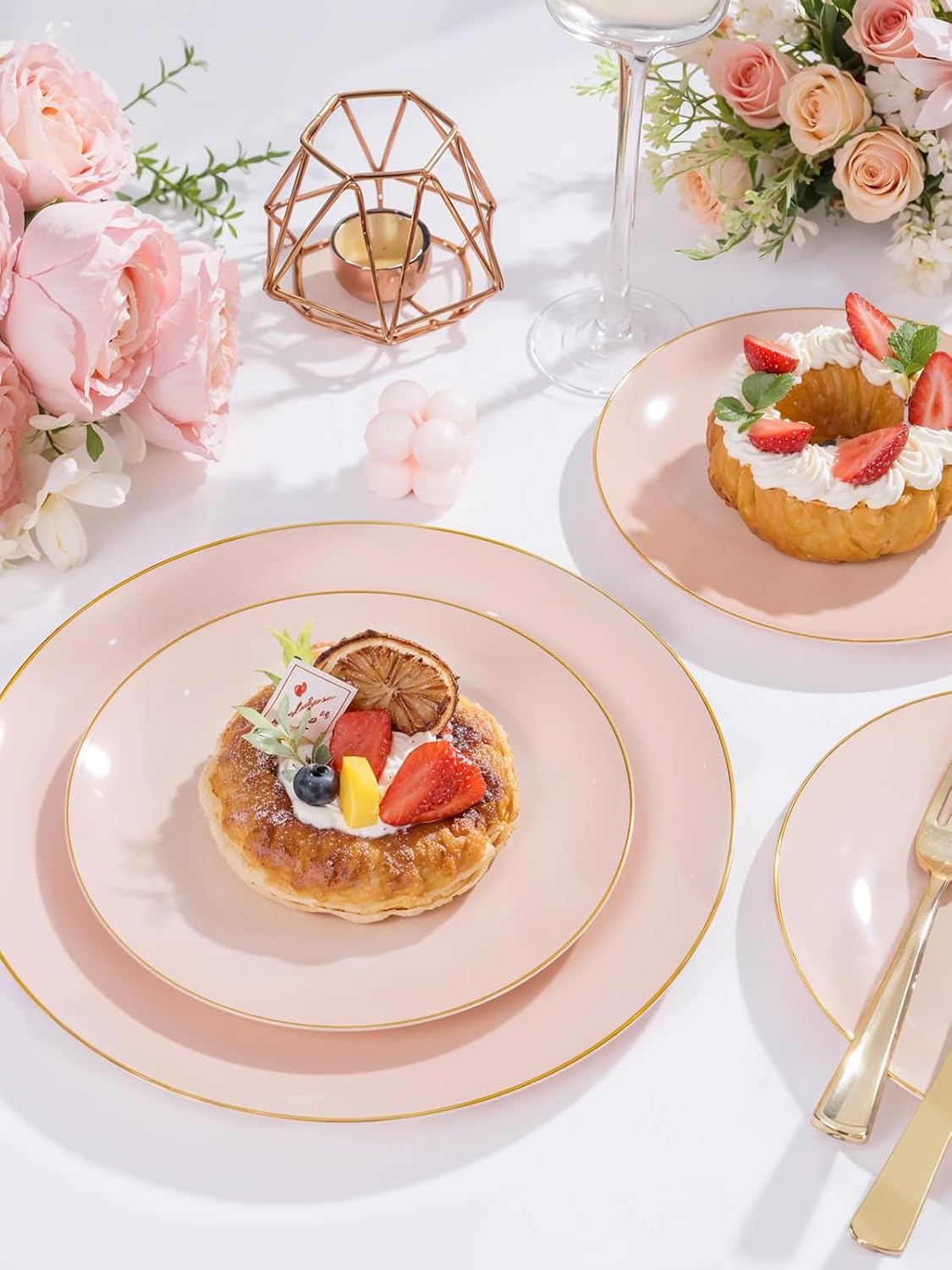 WDF 300Pcs Pink Plates Disposable - Pink and Gold Plastic Dinnerware Set for 50 Guests Include 50 Dinner & Cake Plates, 50 Disposable Cutlery, 50 9oz Cups for Wedding & Party & Baby Shower