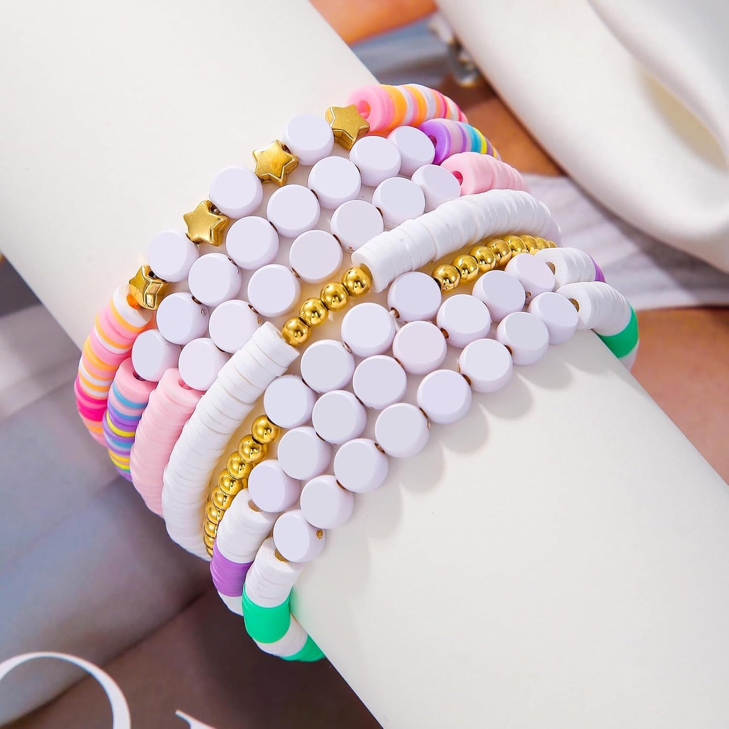 Friendship Bracelets for Women - Heishi Surfer Colorful Smile Evil Eye Clay Beaded Stretch Bracelets Elastic Layering - Stackable Boho Disc Y2K Aesthetic Summer Jewelry Set.