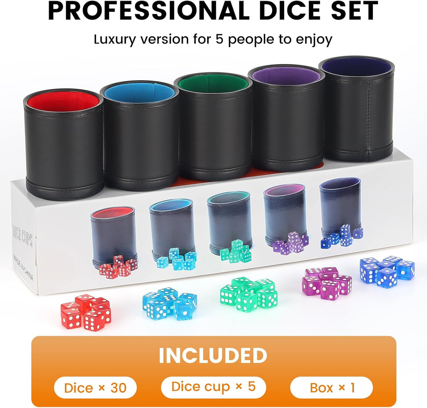 5 Pack PU Leather Dice Cups Velvet Felt-Lined Shaker Cups with 30 Dot Dice for Bar Party Yahtzee Farkle Dice Games