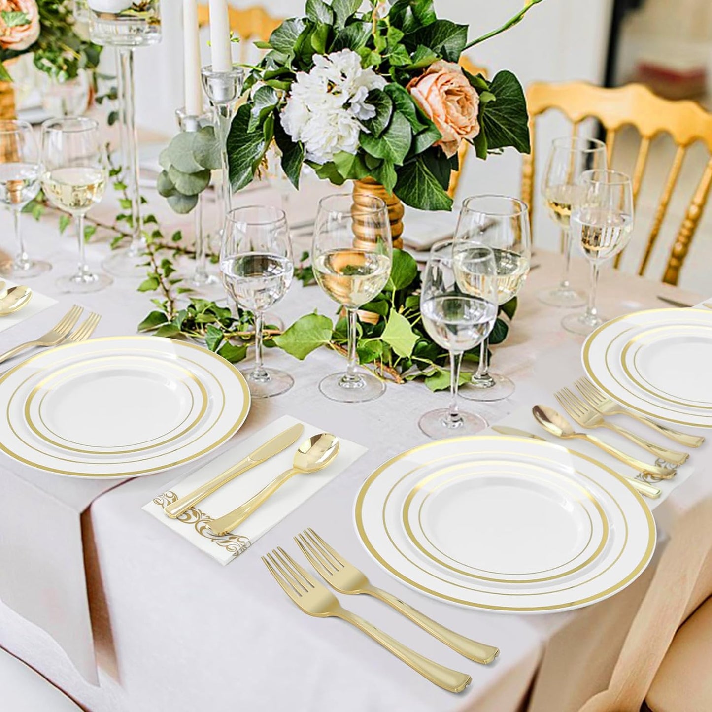 BESTVIP 100PCS Gold Plastic Plate, 7 Inch Disposable Dessert Plate Party with Gold Rim, Heavy Duty Disposable Plastic Plates for Party, Wedding and Birthday