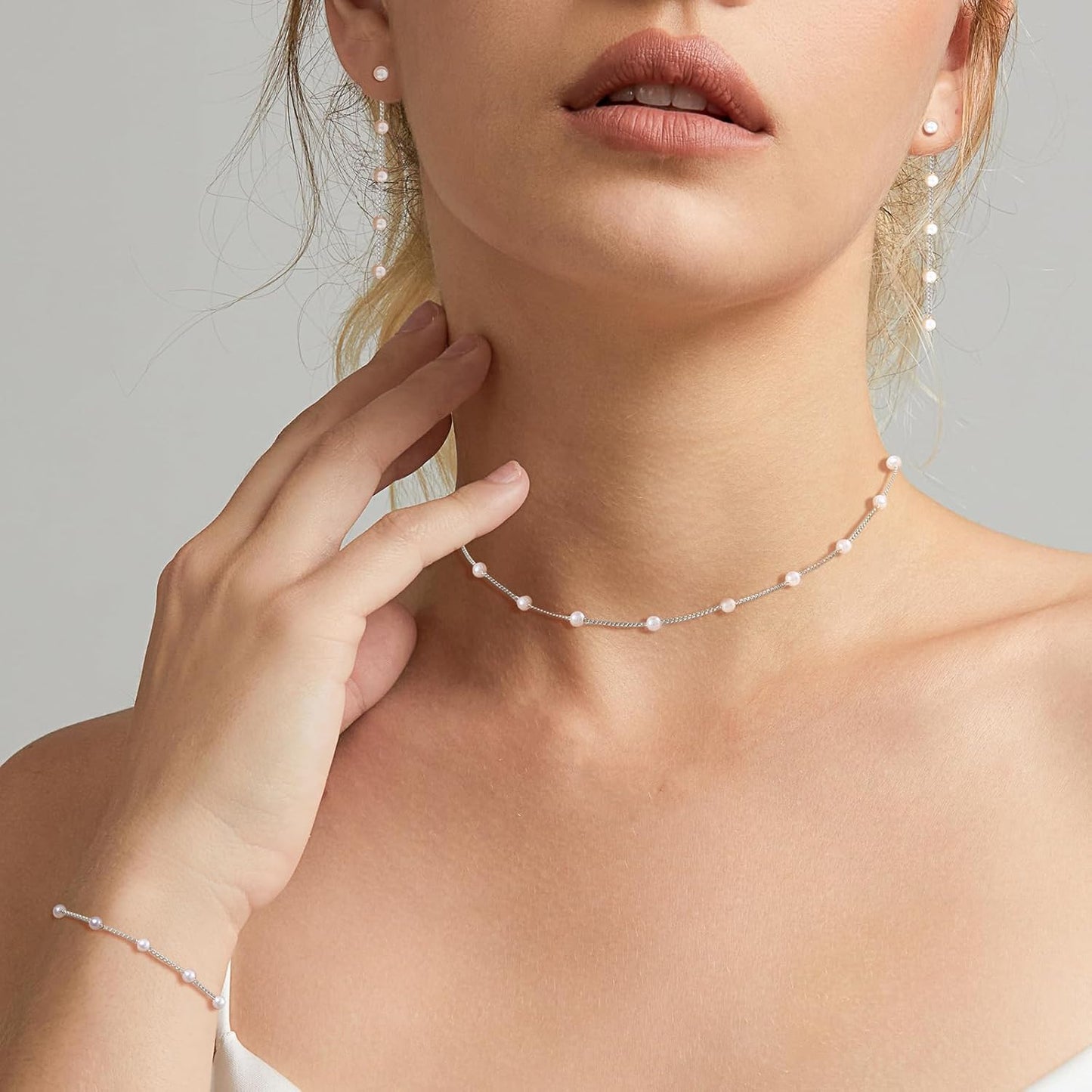 Gold Jewelry Set for Women - Dainty 14K Gold Plated Pearl Necklace and Earring Set with Drop Earrings, Bracelets, Choker Necklace - Wedding Jewelry Gift