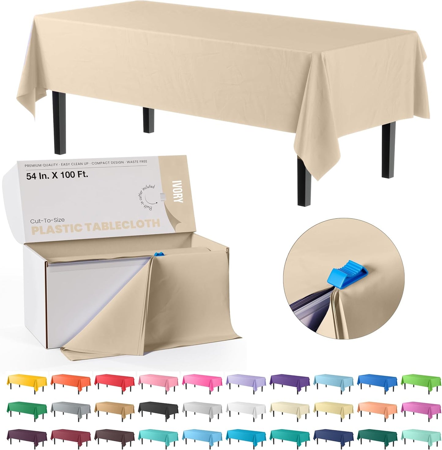 Party Solids 54 Inch X 100 Feet Ivory Plastic Table Cover Roll in A Cut - to - Size Box with Convenient Slide Cutter. Cuts Up to 12 Rectangle 8 Feet Plastic Disposable Tablecloths