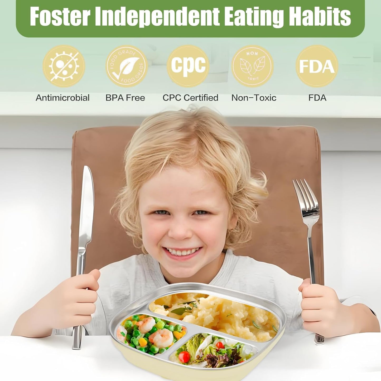 Stainless Steel Toddler Plates with Suction | Non-Slip Divided Baby Plates BPA Free & Non Toxic | Detachable Silicone Base| Dishwasher Safe | Unbreakable Kids Dinnerware 2-pack(yellow + grey)