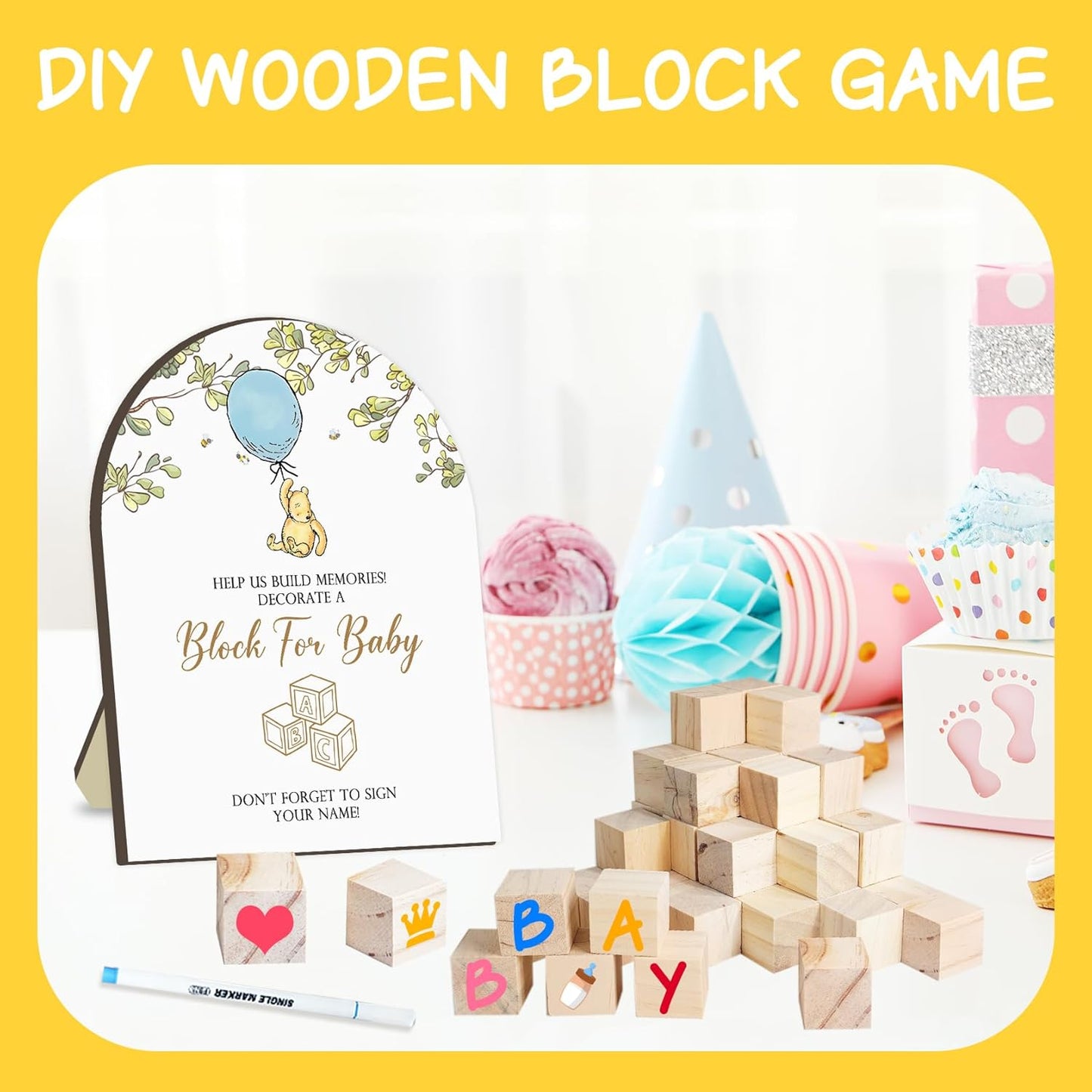 75 PCS Winnie Baby Shower Games Kit, The Pooh Baby Shower Decor, The Pooh Babies Games with 50 Blank Wooden Blocks & 24 Acrylic Paint Marker, Winnie Wooden Game Sign for Gender Reveal Party Decor