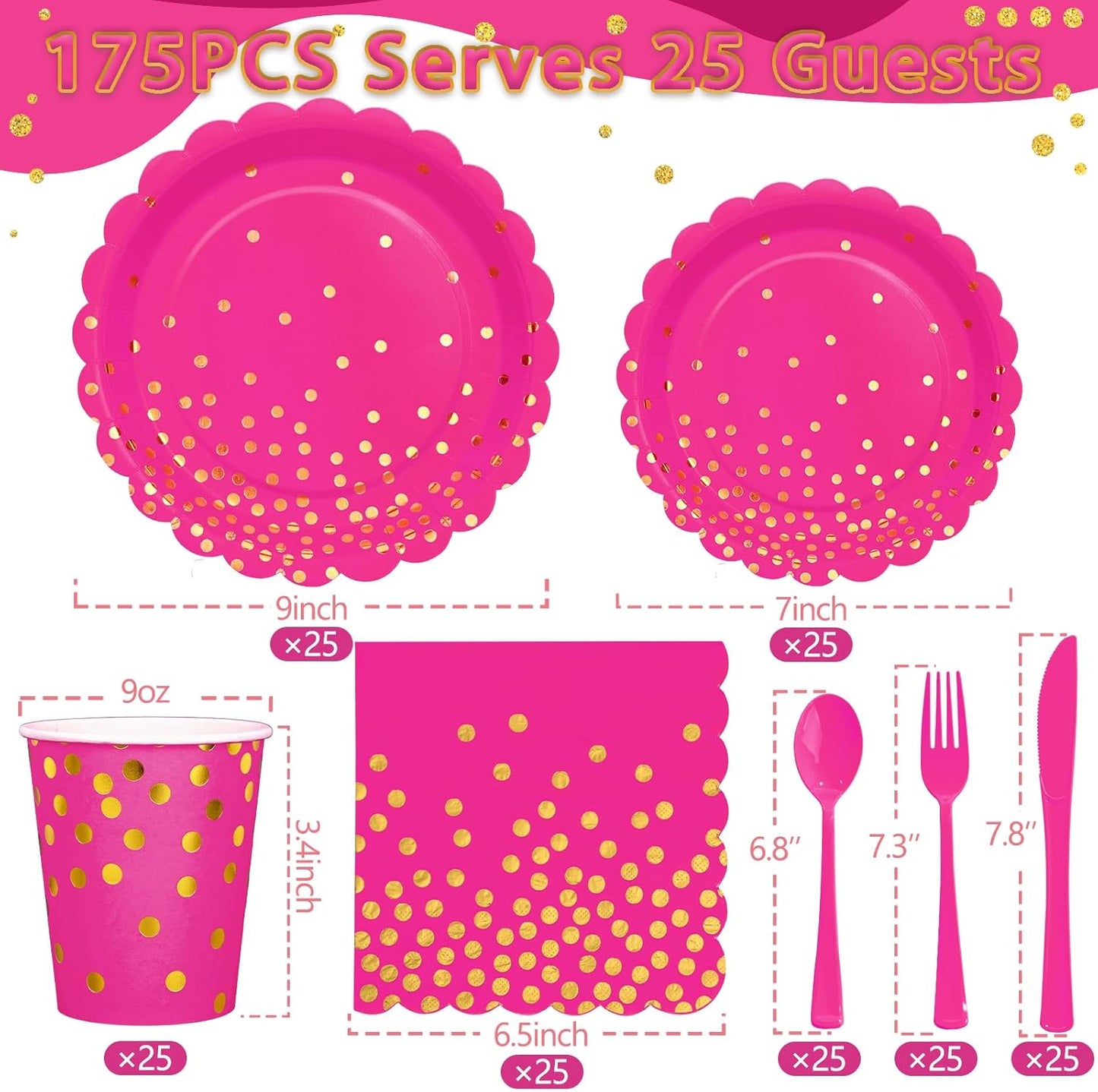 175Pcs Pink Party Supplies, Hot Pink Paper Plates and Napkins Include Scalloped Plates Napkins Cups Plastic Cutlery Set for Bridal Shower Girl Birthday