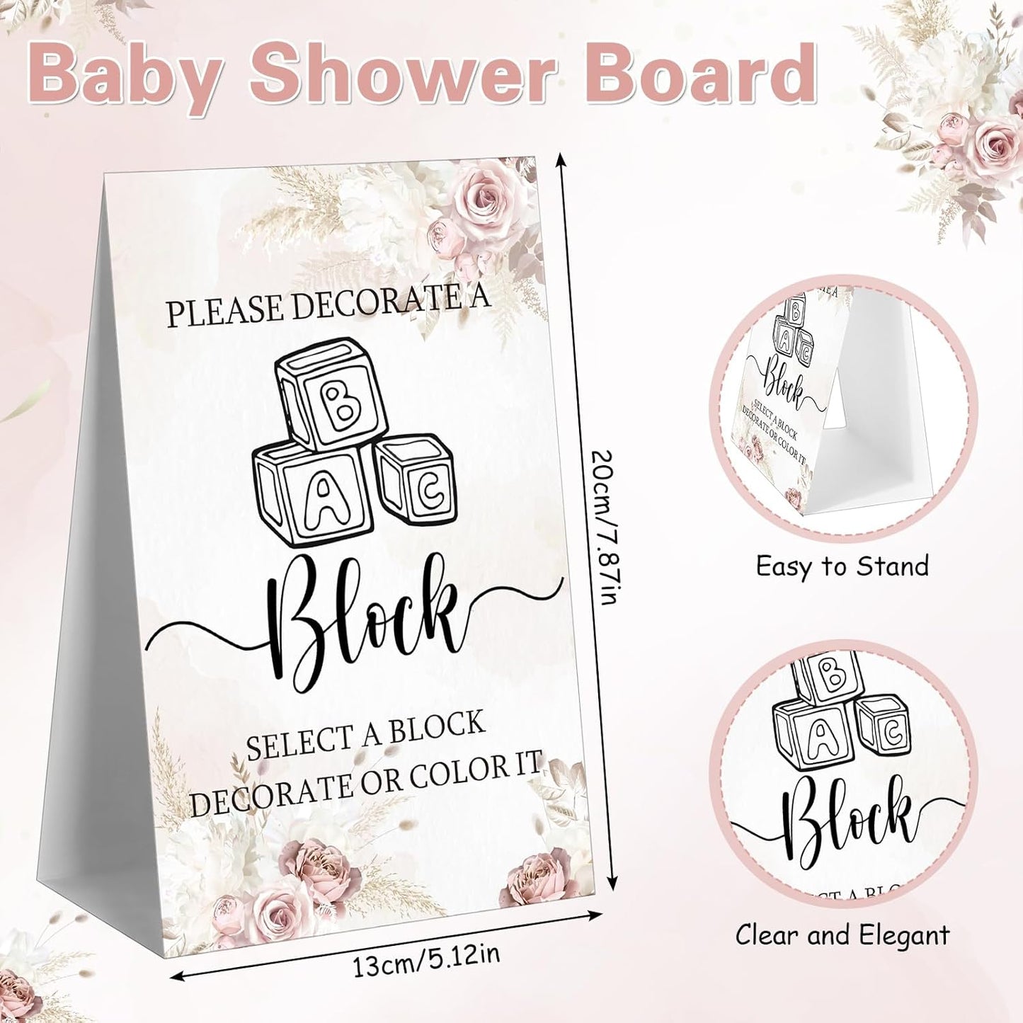 Marsui 136 Pcs Baby Shower Blocks to Decorate Game Kit Includes 98 Wooden Blocks, 36 Markers, 1 Game Sign, 1 Storage Box for Baby Shower Gender Reveal Activity Party Decorations(Floral)