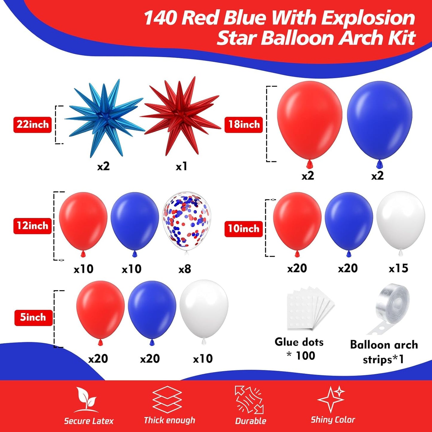 Red White and Blue Balloon Arch Kit, 140Pcs Explosion Star Red White Blue Balloon Garland kit Different Size Balloons for 4th of July Anniversary Birthday Independence Day Party Decorations